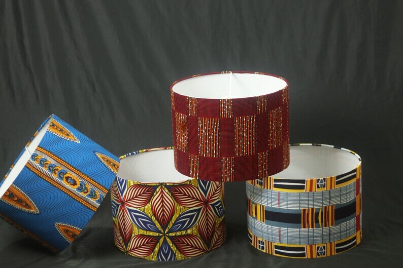 Red blocks patterns African print inspired fabric drum 30cm lampshade