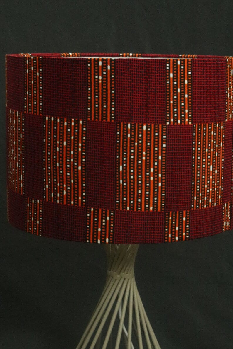 Red blocks patterns African print inspired fabric drum 30cm lampshade