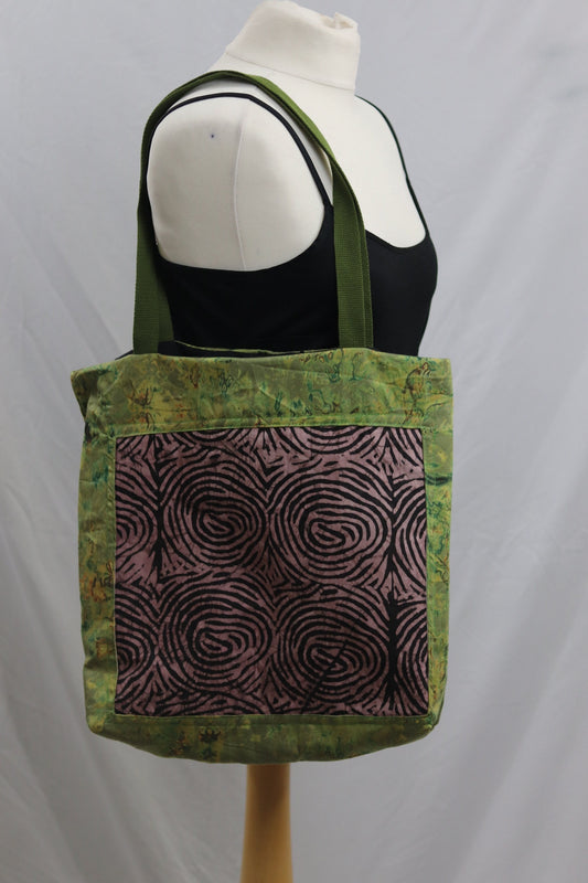 Green reusable African batik tote bag, Adire fabric medium tote bag, adire print shopping bag, Cotton library book bag