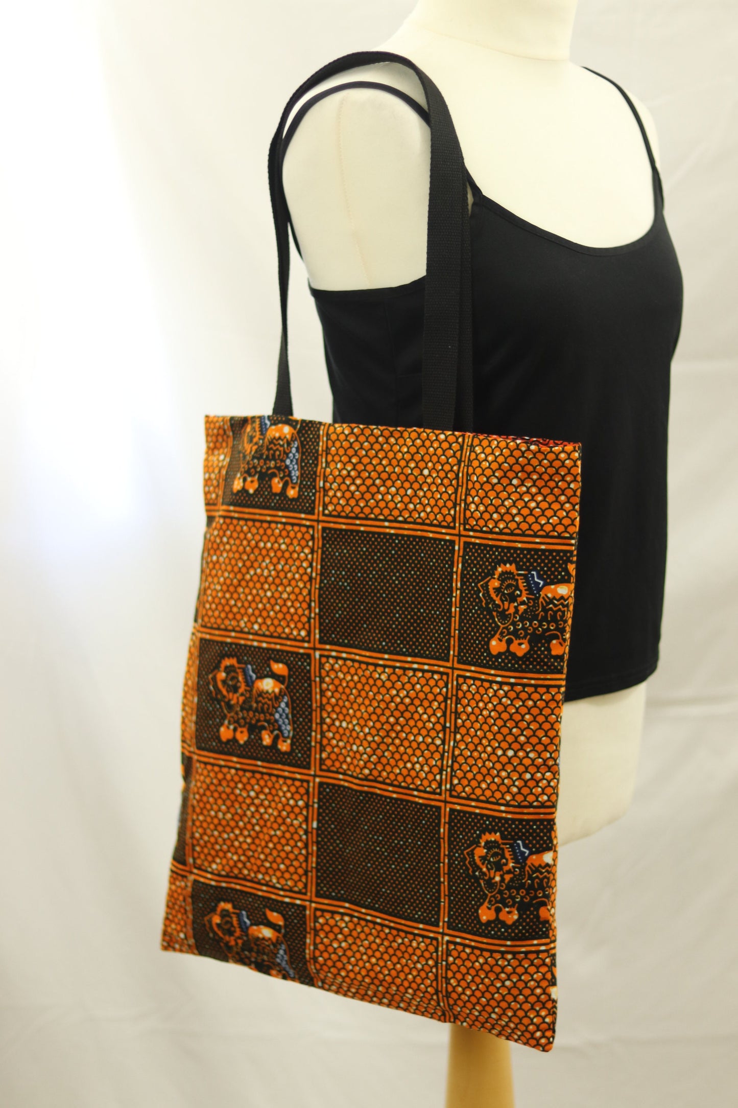 brown reusable African wax prints Ankara fabric tote bag, reversible animal print shopping bag, Cotton library book bag