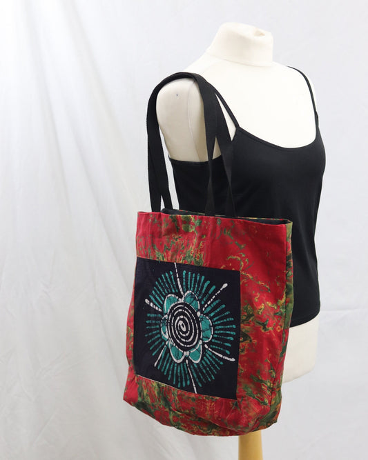 Red reusable African batik tote bag, Adire fabric medium tote bag, adire print shopping bag, Cotton library book bag