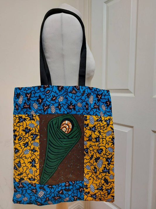 Multi coloured wax prints framed fabric tote bag, Ankara fabric tote bag, colourful print shopping bag, Cotton library book bag