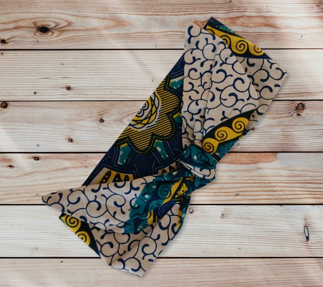 Green and yellow Ankara knotted head band, cotton retro headband, non elastic headband