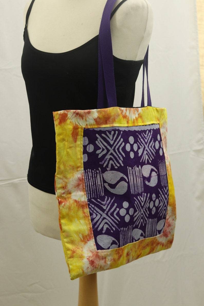 Yellow reusable African batik tote bag, Adire fabric medium tote bag, adire print shopping bag, Cotton library book bag