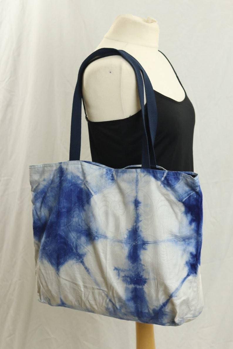 Blue reusable African batik tote bag, Adire fabric medium tote bag, adire print shopping bag, Cotton library book bag