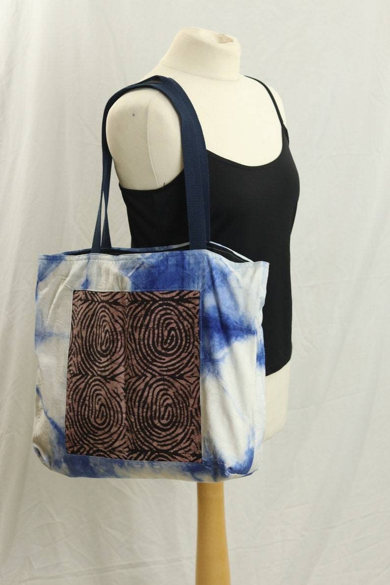 Blue reusable African batik tote bag, Adire fabric medium tote bag, adire print shopping bag, Cotton library book bag