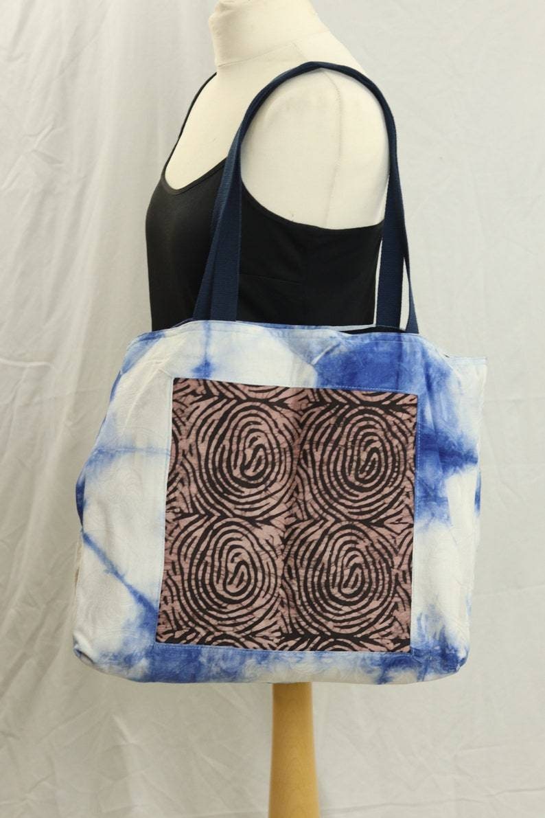 Blue reusable African batik tote bag, Adire fabric medium tote bag, adire print shopping bag, Cotton library book bag