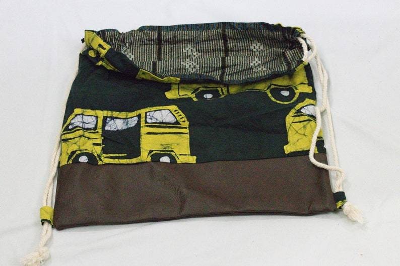 Black & Yellow faux leather batik adire fabric fully lined drawstring backpack