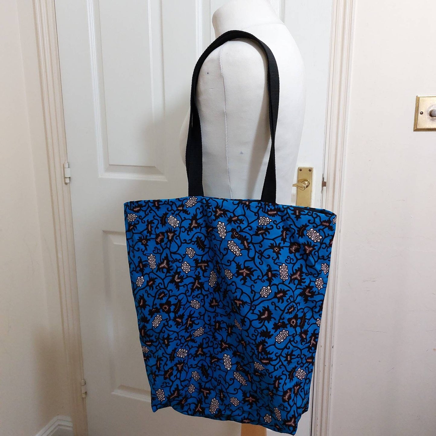 Blue wax prints framed fabric tote bag, Ankara fabric tote bag, colourful print shopping bag, Cotton library book bag