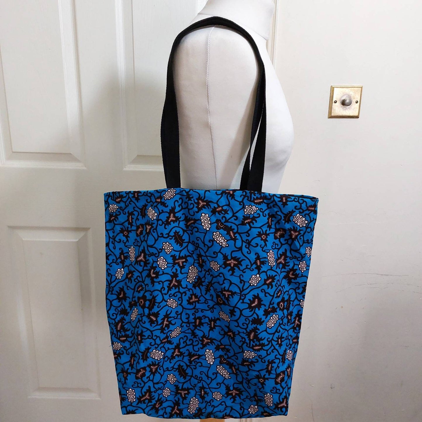 Blue wax prints framed fabric tote bag, Ankara fabric tote bag, colourful print shopping bag, Cotton library book bag