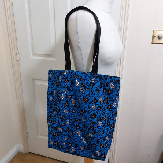 Blue wax prints framed fabric tote bag, Ankara fabric tote bag, colourful print shopping bag, Cotton library book bag