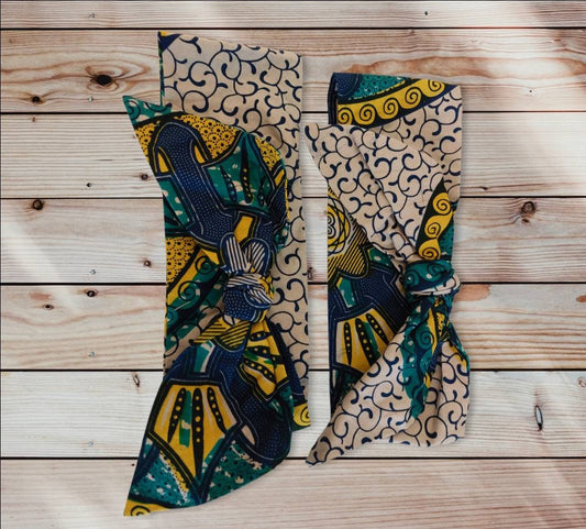 Green and yellow Ankara knotted head band, cotton retro headband, non elastic headband