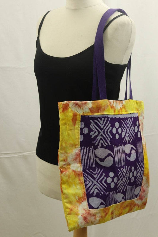 Yellow reusable African batik tote bag, Adire fabric medium tote bag, adire print shopping bag, Cotton library book bag