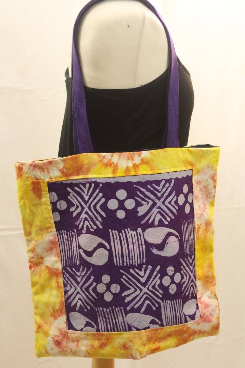 Yellow reusable African batik tote bag, Adire fabric medium tote bag, adire print shopping bag, Cotton library book bag