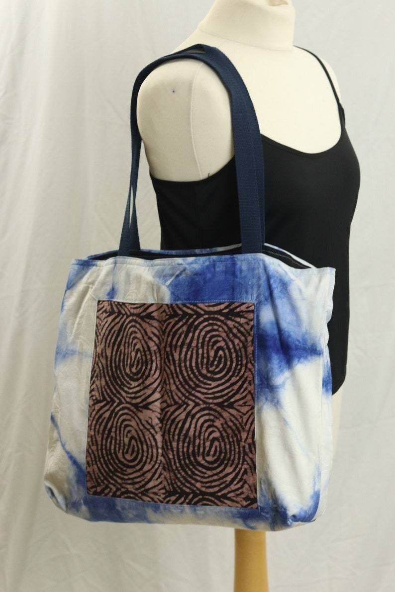 Blue reusable African batik tote bag, Adire fabric medium tote bag, adire print shopping bag, Cotton library book bag