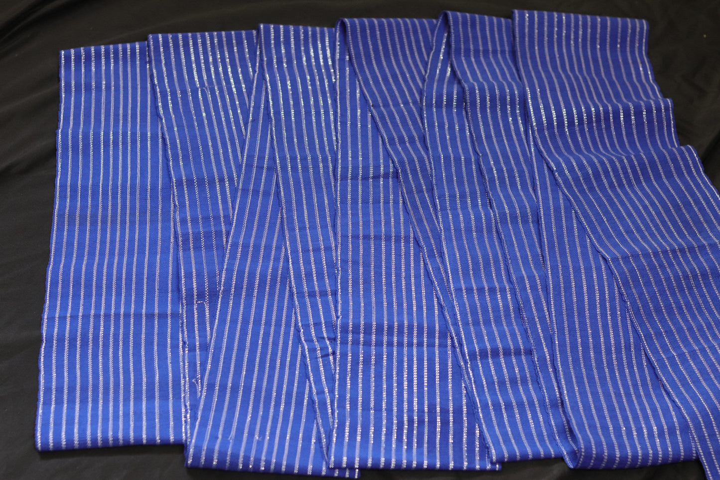 Nigerian hand woven blue Aso Oke fabric sold by the meter, blue and silver pin stripes woven fabric