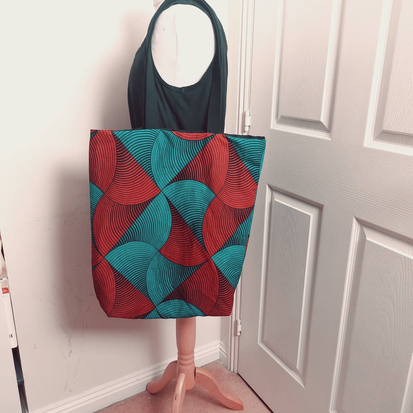 Teal wax print fabric tote bag, Ankara fabric tote bag, colourful shopping bag, reusable cotton library book bag