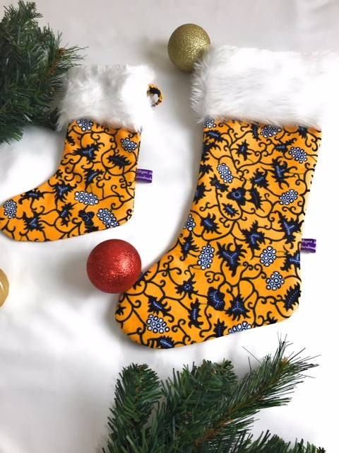 Yellow Ankara Wax print Christmas  Stockings, Decorative christmas stockings