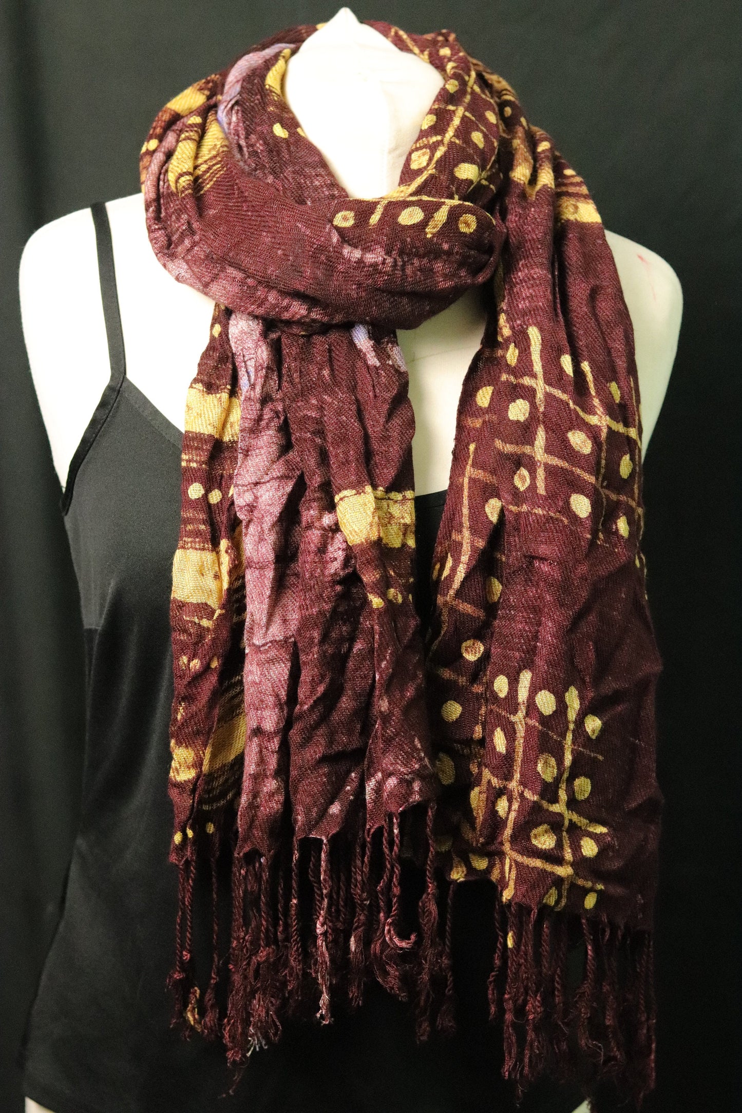 Deep Red hand printed African Batik Adire pashmina style shawl scarf with traditional design