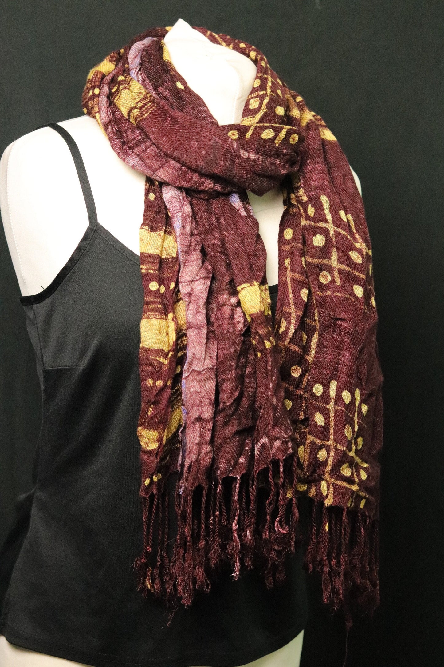 Deep Red hand printed African Batik Adire pashmina style shawl scarf with traditional design