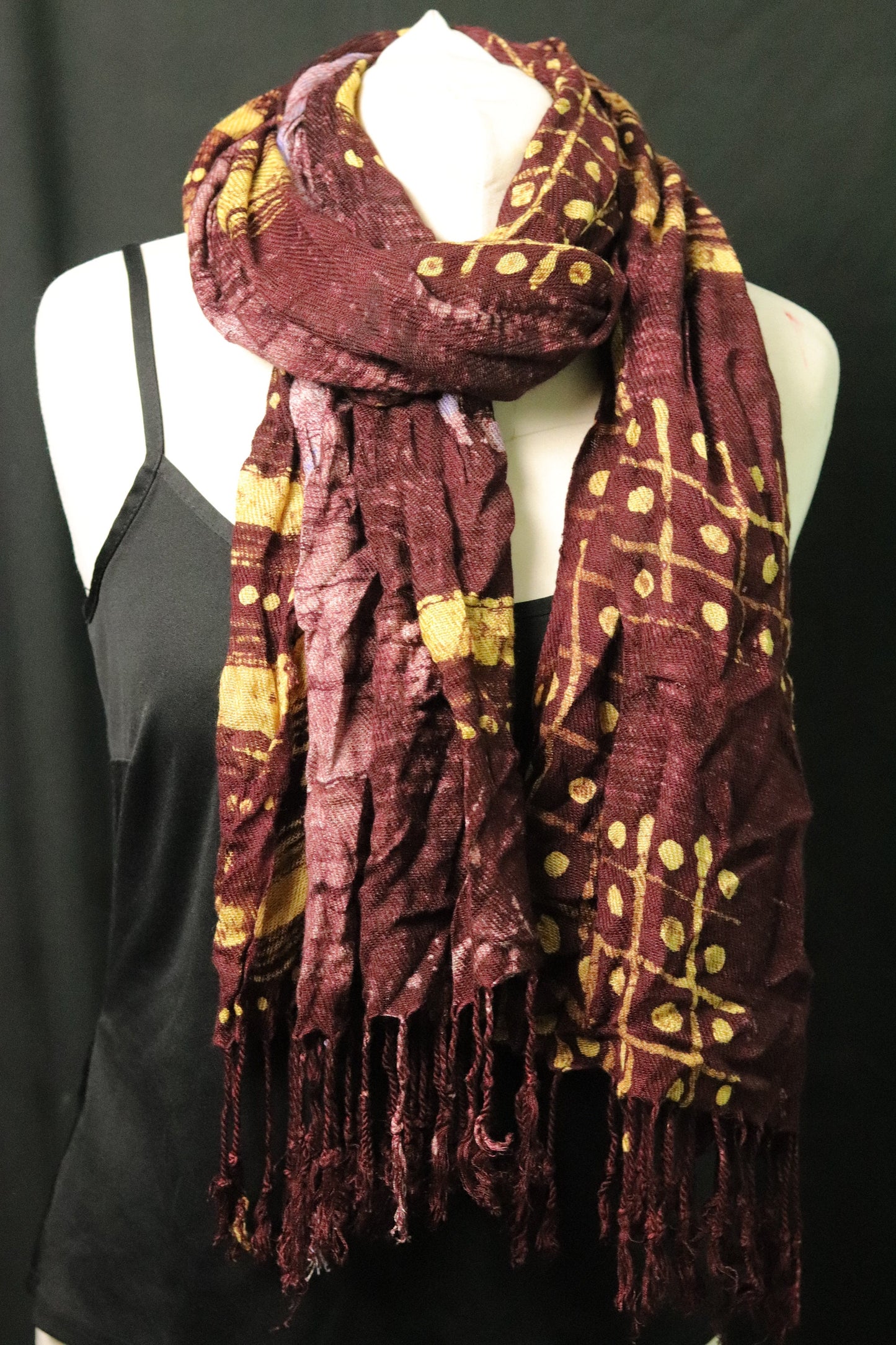 Deep Red hand printed African Batik Adire pashmina style shawl scarf with traditional design