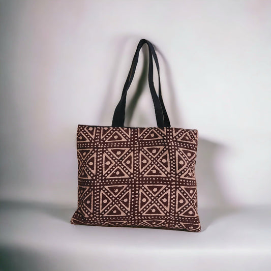 Brown batik tote bag, Adire fabric medium tote bag, adire print shopping bag, Cotton library book bag***Sample Sale***