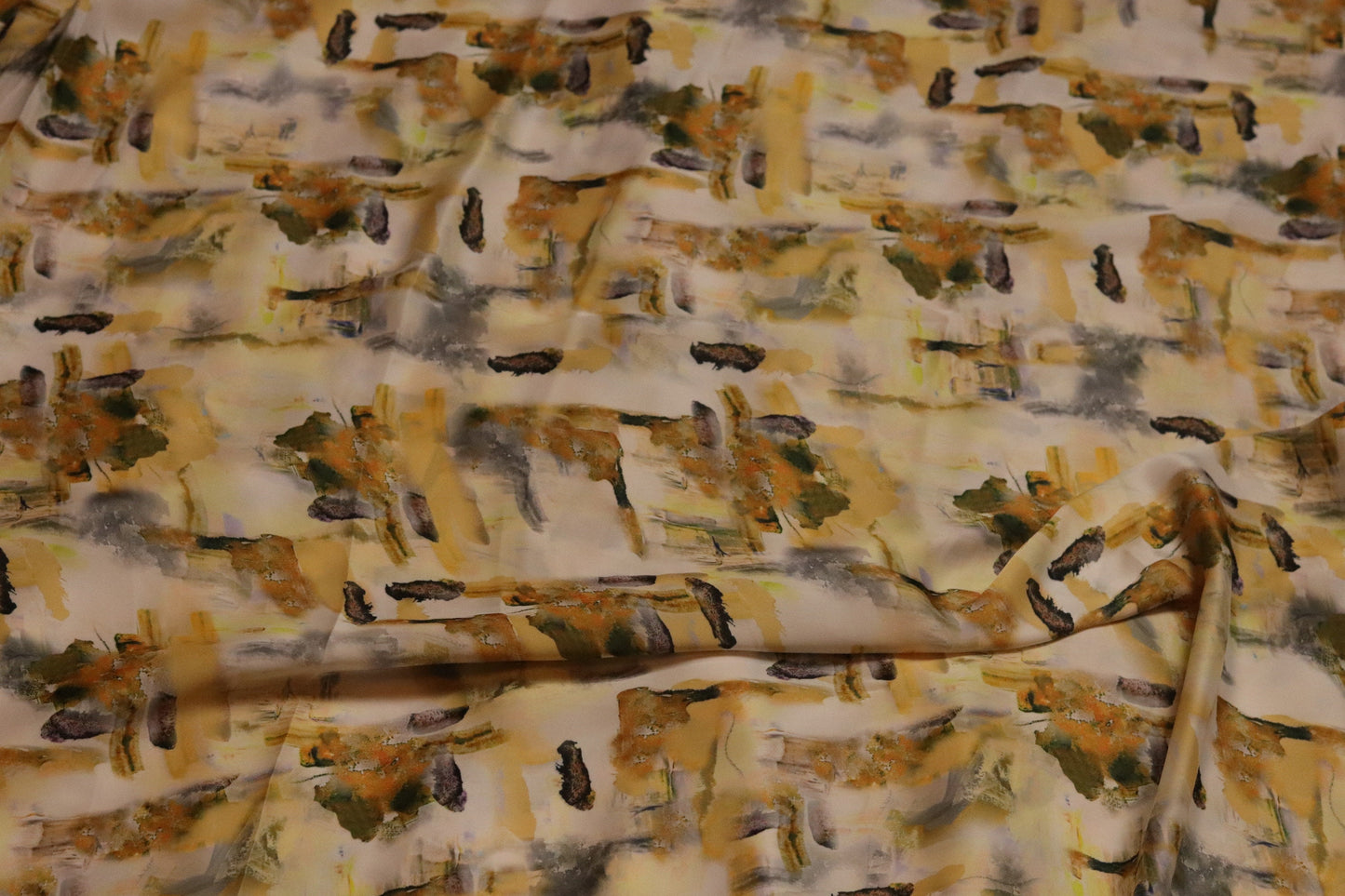 Yellow satin picturesque fabric sold by the yard, soft and silky fabric