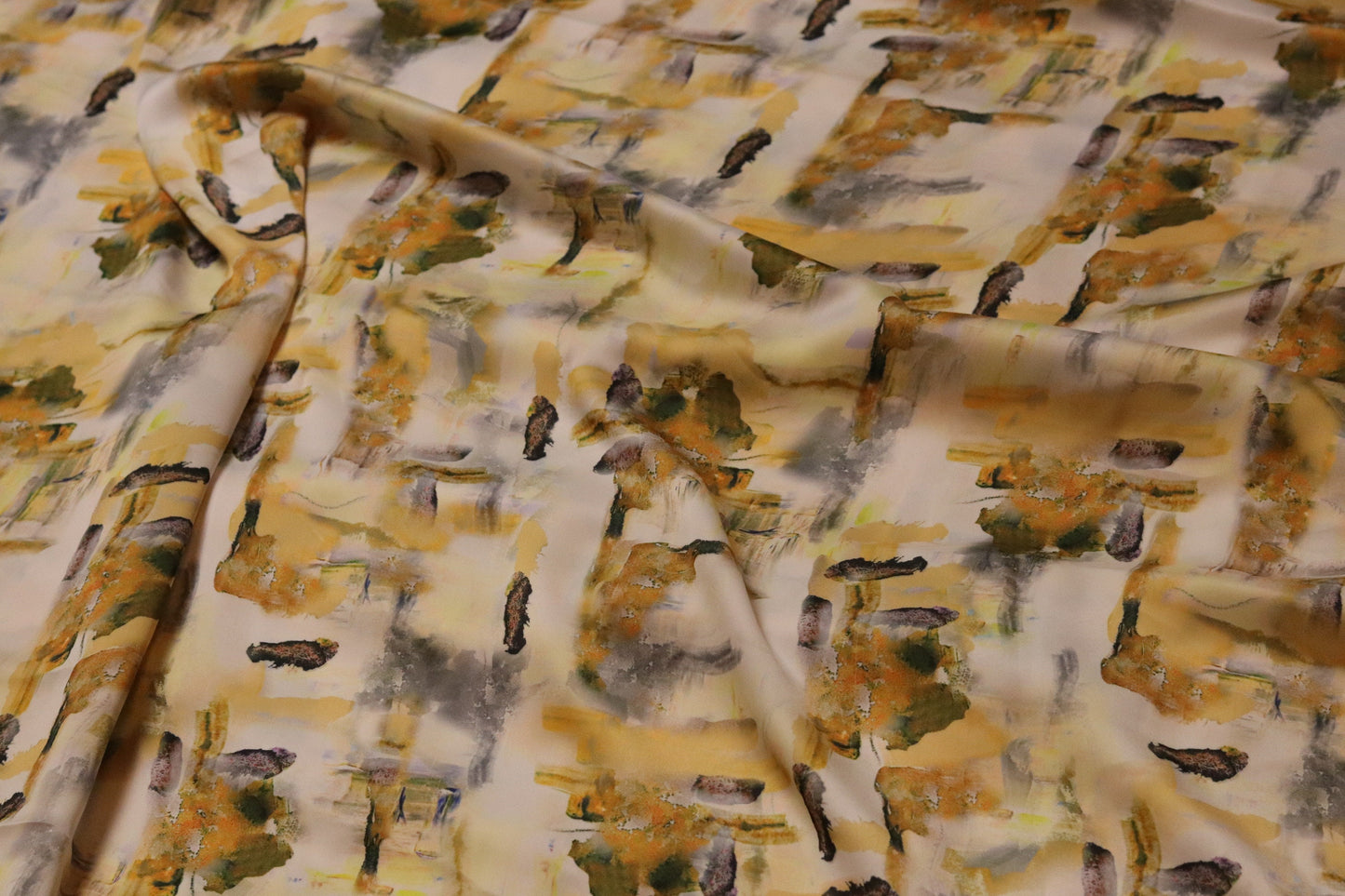 Yellow satin picturesque fabric sold by the yard, soft and silky fabric